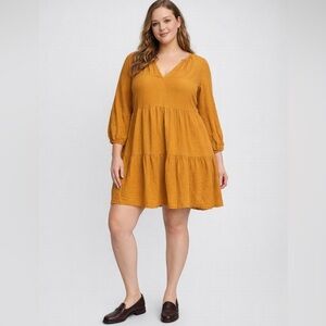 GAP Double Gause Muslin Cotton Women's Tiered 3/4 Sleeve Dress in Yellow Size XL